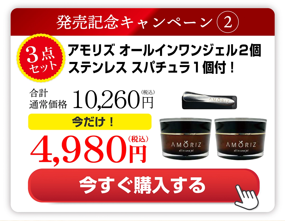 アモリズ オールインワンジェル2個ステンレス スパチュラ１個付！ 今だけ4,980円 今すぐ購入する