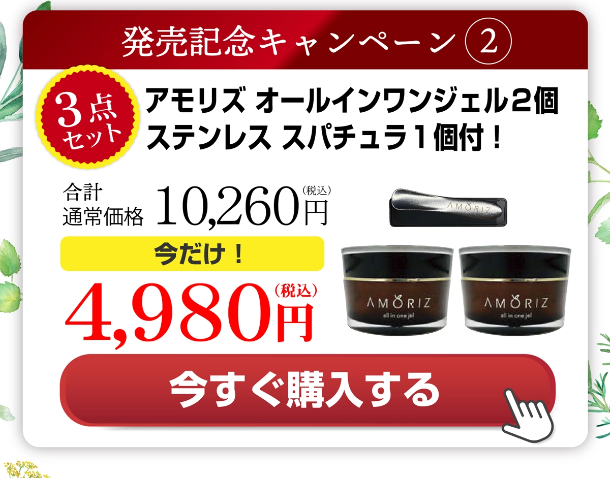 アモリズ オールインワンジェル2個ステンレス スパチュラ１個付！ 今だけ4,980円 今すぐ購入する